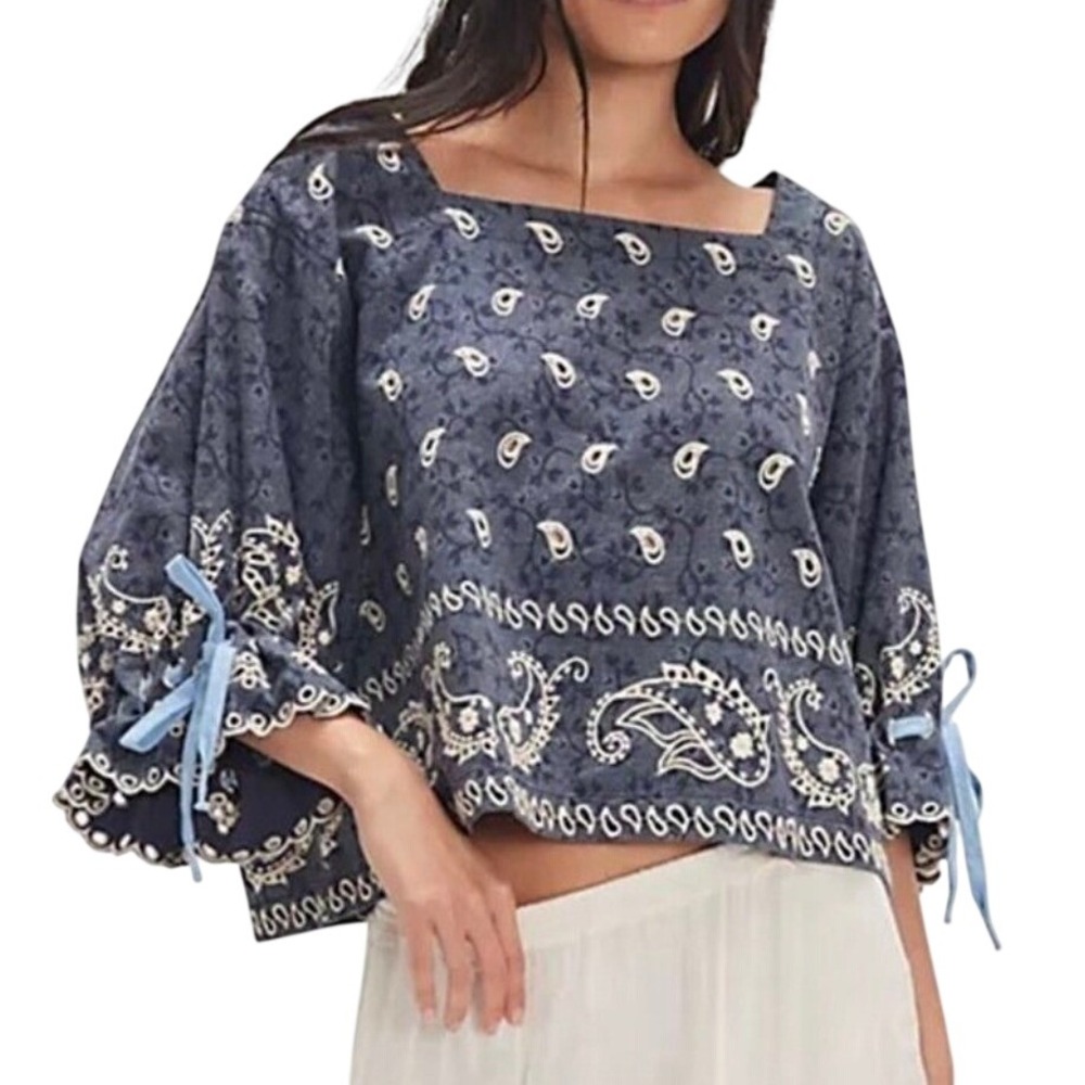 FP We The Free Loretta Bandana Blouse XL Indigo Paisley Eyelet Bow Femme
